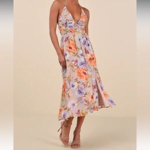 NWT Lulu's Danelle Taupe Floral Halter A-Line Midi Dress